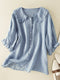 Camisa de mujer de algodón y lino con cuello Peter Pan fruncido, ideal para el otoño