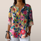 Autumnal floral print blouse for women - Loose fit and V-neck with button fastening